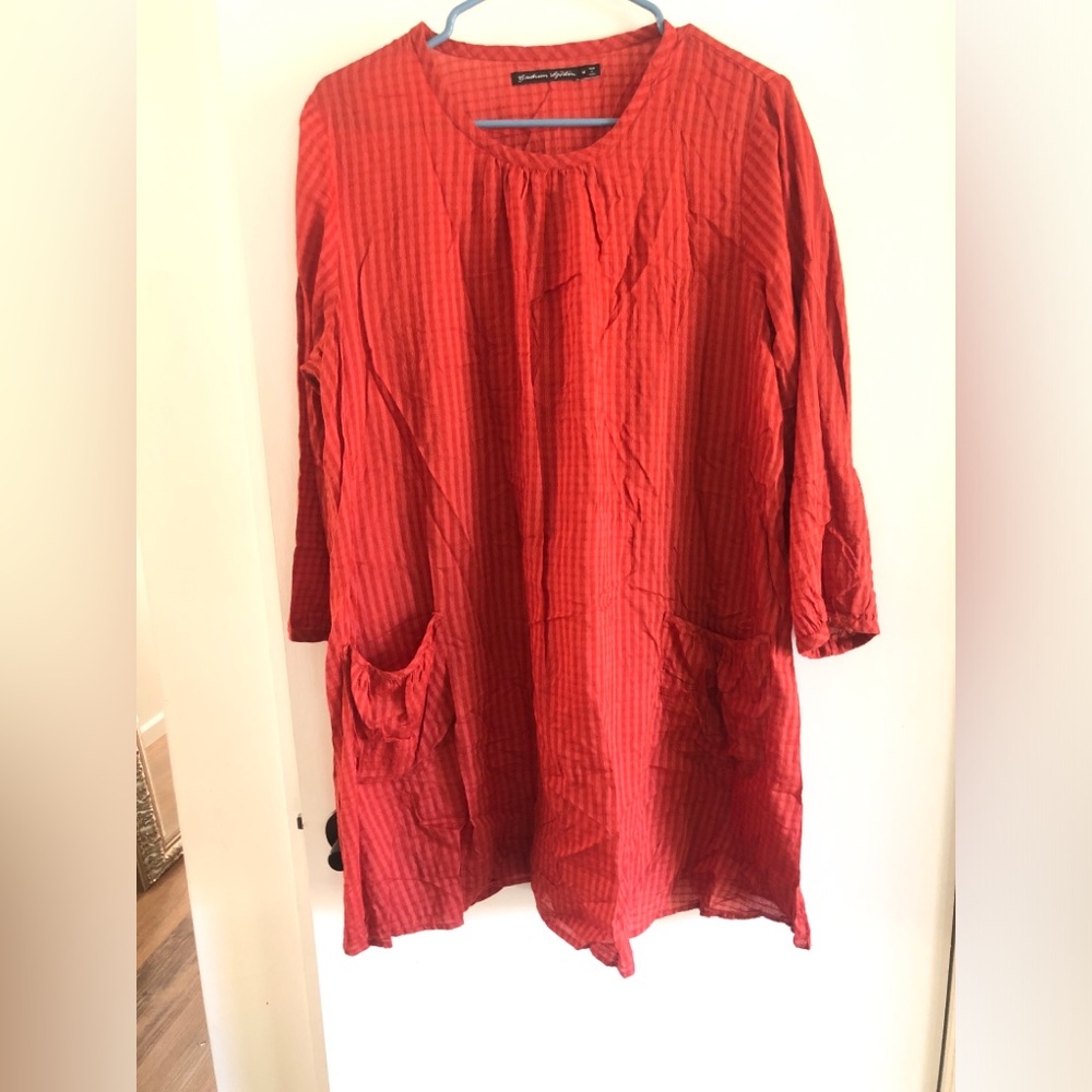 Gudrun Sjoden Tunic Top Womens M Burnt orange Striped Linen Henley Lagenlook